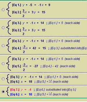 A history of the solving process showing systems of equations