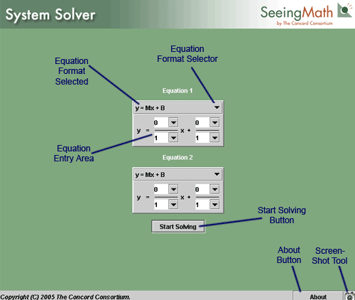 Dialog boxes for entering two equations in a selected format.